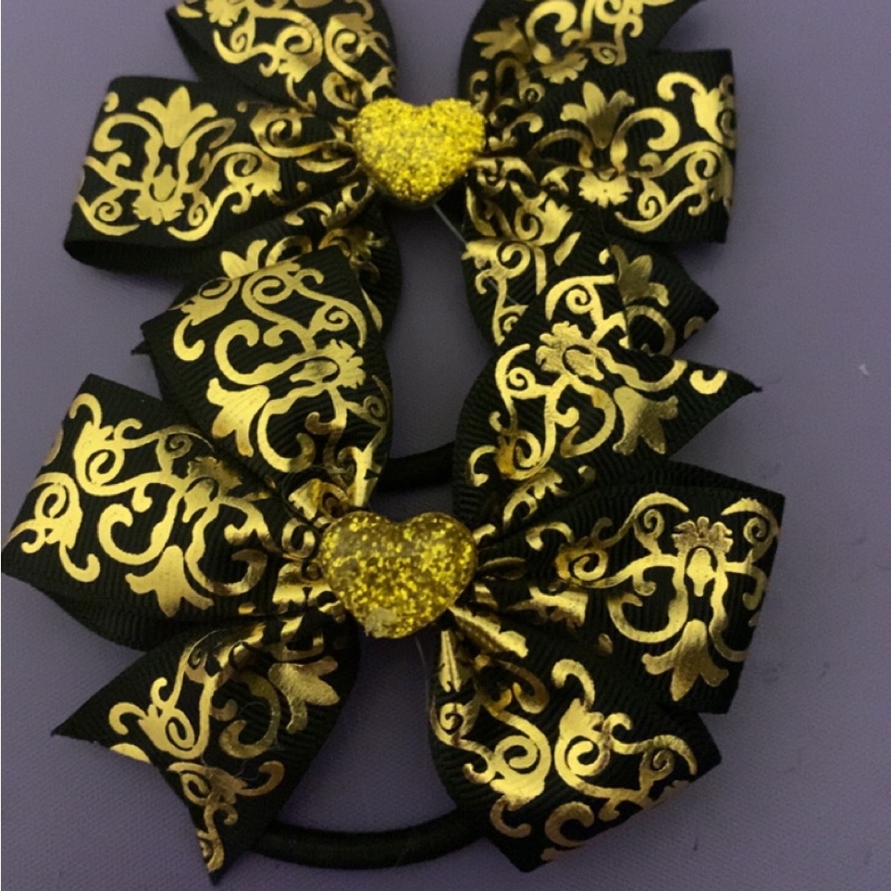 Black and gold shiny design pony tail bow